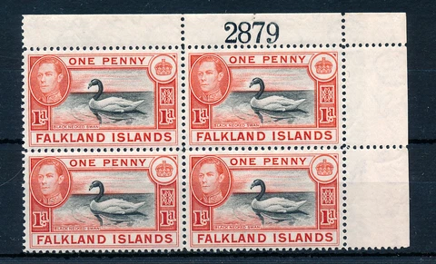 FALKLAND ISLANDS 1938 DEFINITIVES SG147a (1 penny) BLOCK OF 4 WITH SHEET NO. MNH Cover