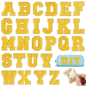 26PCS Yellow Chenille Letter Patches A-Z Self-Adhesive Clothing Fabric Craft - Picture 1 of 6
