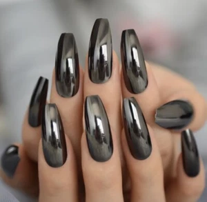 Black Glossy Long Tapered Coffin Press On Nails Fake False 24 Pc Nail Set - Picture 1 of 3
