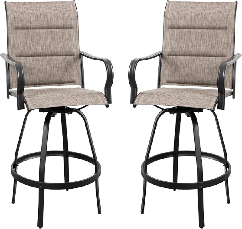 Sillas de bar giratorias de patio de 2 piezas para todo tipo de clima metal textil alto giratorio Foto 1 de 4