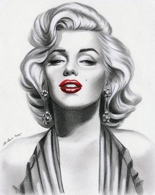 Marilyn Monroe 8x10 Original Graphite Pencil Drawing NO RESERVE Red Lips - Image 1 of 4