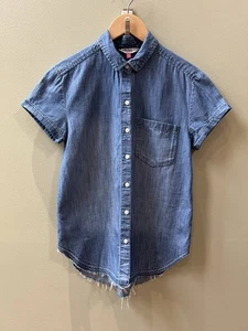 SO Camicia Denim Manica Corta Bottoni Donna Piccola Frangia Blu Leggera - Foto 1 di 15