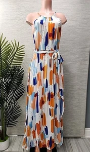 Nwt Cupshe Womens High Neck Maxi Dress White M Multicolor Pattern Blue Orange - Picture 1 of 6