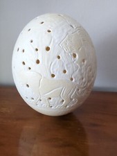Hand Carved Ostrich Egg Carved with Two Lions 14cm tall No Stand