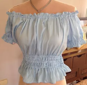 NUEVO CON ETIQUETAS Blusa Top She & Sky Carolina Azul Fuera del Hombro Manga Corta Satén S - Imagen 1 de 5