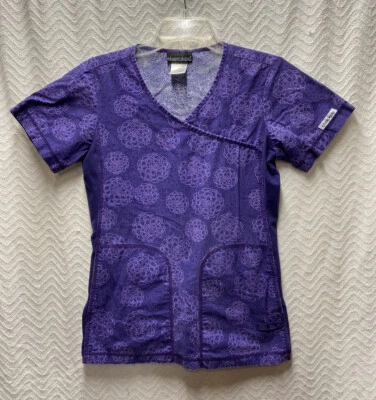 Cherokee Flexibles Purple Floral Patterned Size XS Scrub Top - Image 1 of 4