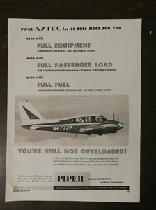 Avión Piper Aztec 1961 de colección Piper Aircraft Corp página completa anuncio original - Imagen 1 de 1