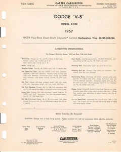 1957 DODGE V8 CARTER WCFB 4 BARREL DATA SPEC SHEET CARTER #2622 MODEL D-500 COPY - Bild 1 von 2