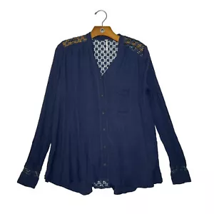 Free People Navy Blue Button Up Crochet Long Sleeve Blouse Size XS - Picture 1 of 7