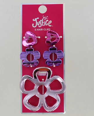 Nuevo.  Justice 5 piezas. Pinzas para el cabello con garra - corazones y flores - rosa y púrpura Foto 1 de 4