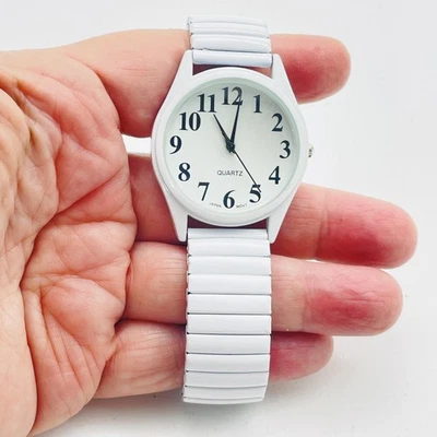 Unbranded Quartz Watch White Stretch Band Stainless Steel Back Large Numbers - Image 1 of 4