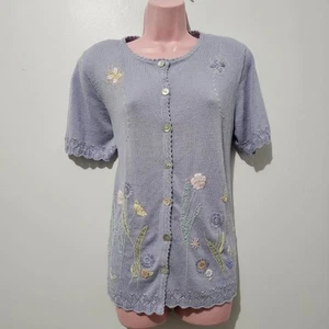 Alfred Dunner - Sweater Cardigan Button Embroidered Floral - Size S - Purple - Picture 1 of 9