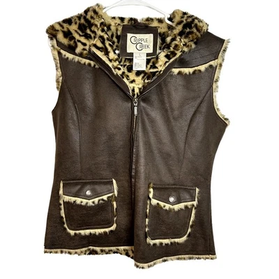 Cripple Creek Cheetah Print Shearling Hooded Vest Womens Size Large Brown Cream  - Image 1 of 4