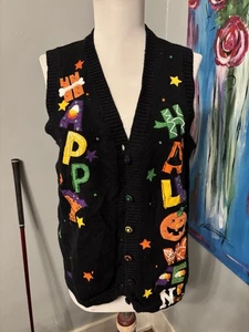 Vintage Diadem Damen Happy Halloween Strickjacke Pullover Weste Applikation Jack O Laterne M - Bild 1 von 6