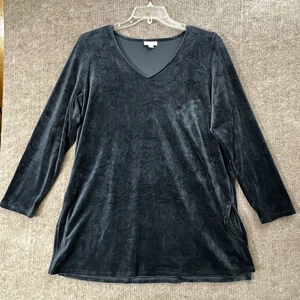 PureJill Blue Slate Velour V-Neck Long-Lined Tunic Top Oversized Sz Large - Picture 1 of 7