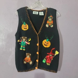 Basic Editions Gilet Donna Nero Halloween Orso Zucca Ricamato Bottoni S - Foto 1 di 6