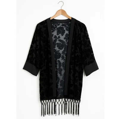 F&F Black Velvet Floral Kimono Sheer Tassel Fringe Boho Festival Cover Up Small - Image 1 of 4