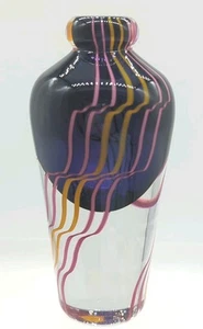 James Nadal Glass Paperweight Vase Cobalt/Clear W Abstract Line Design Signed 93 - Picture 1 of 11
