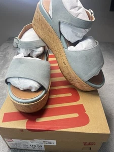 FitFlop Eloise Damen-Plateausandalen mit Korkriemen gewebt Keilabsatz blau Leder US 9 - Bild 1 von 7