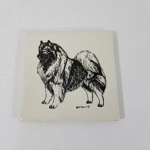 Keeshond Dog Tile Coaster Vintage Signed 4.25 Inches By 4.25 Inches - Picture 1 of 3