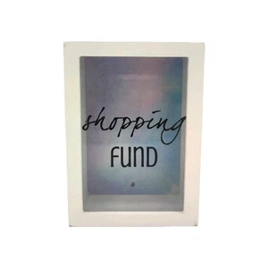Hucha con ventana "shopping Fund" blanco madera y cristal moderno ahorrar NUEVO - Imagen 1 de 4