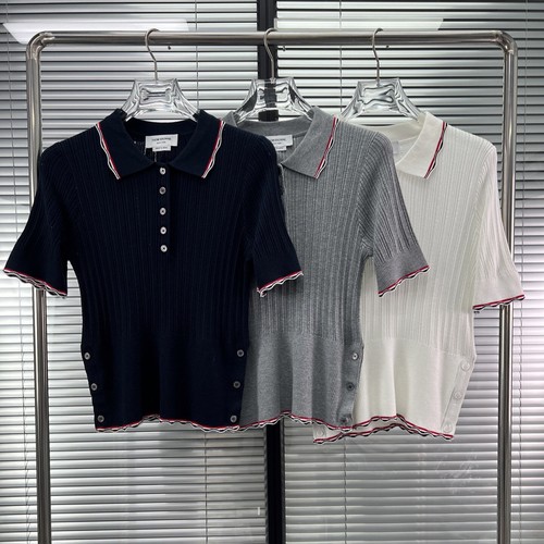 Top camicia Thom Browne nuova manica corta stile college slim maglia righe pizzo