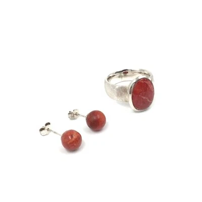 Set di 2 gioielli in argento 925 anello e orecchini corallo rosso 17,2 mm / 54 - Immagine 1 di 4