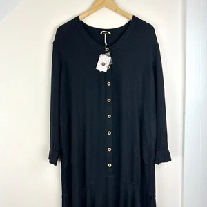 Free People Midikleid Damen S schwarz Leinen Viskose Mathilda Knopfleiste Langarm - Bild 1 von 14