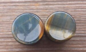 PAIR OF REAL CONCAVE BLUE TIGER EYE PLUGS GAUGES BODY JEWELRY DOUBLE FLARED