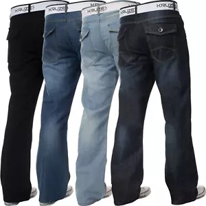 Pantalones de mezclilla Kruze Bootcut para hombre acampanados pierna ancha pantalones con cinturón todas las tallas del Reino Unido - Imagen 1 de 24