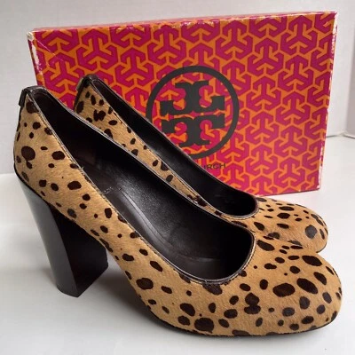 TORY BURCH Rae Cheetah Leopard Bovine Calf Hair Leather Wood Block Heels Pumps 8 - Image 1 of 4