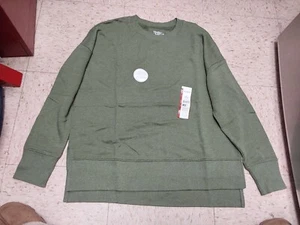 Nwt Time And Tru Womens Sweatshirt French Terry Relaxed Fit Olive Side Slits M L - Picture 1 of 1