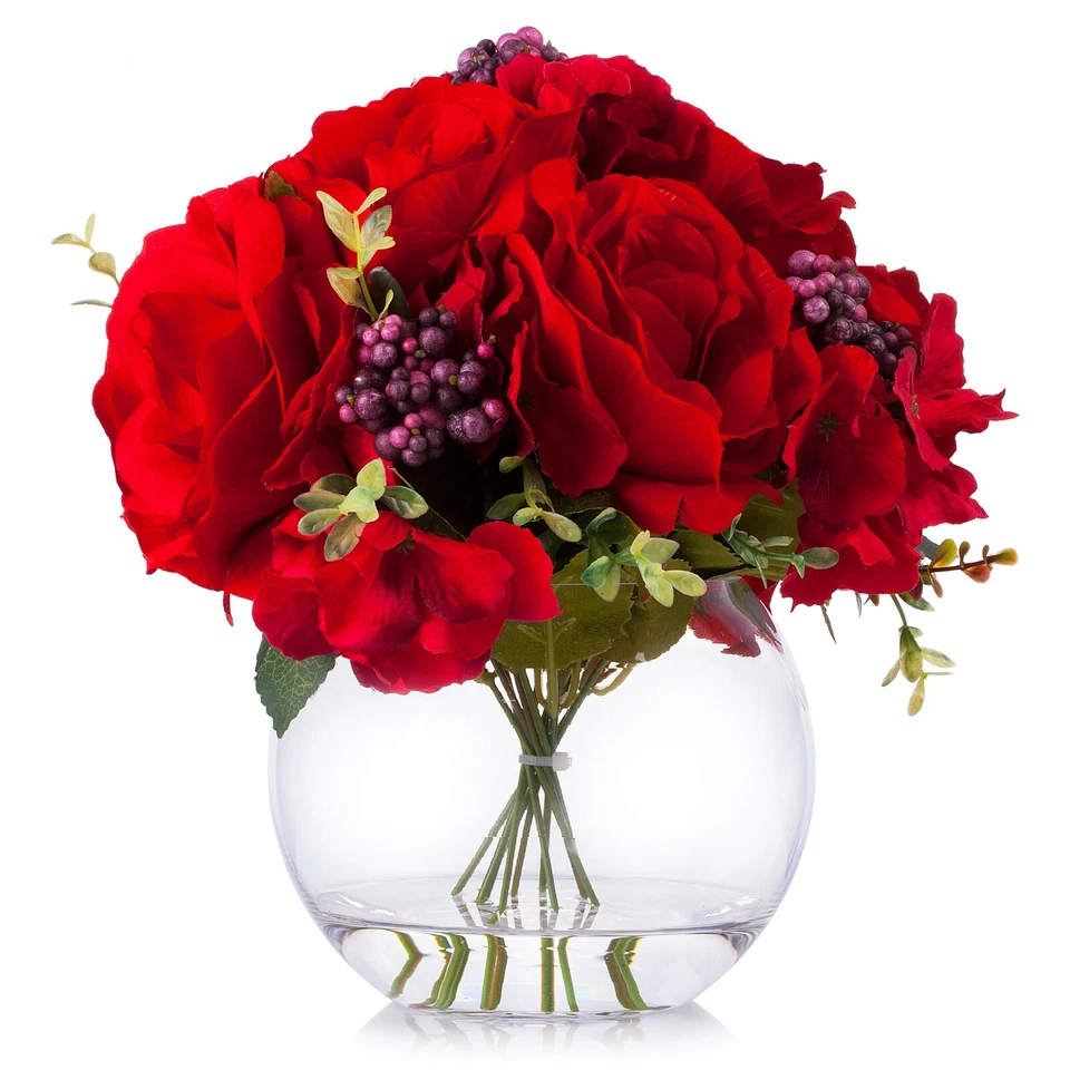 Arreglo floral de seda rosa y hortensia en florero redondo de vidrio con agua sintética Foto 1 de 1