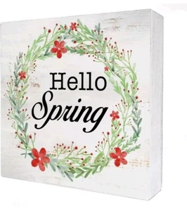 Hello Spring Wood Box Sign Home Decor Rustic Floral Spring Wooden Box Sign Block - Picture 1 of 3