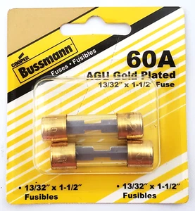 Bussmann Pack of 2 AGU60 Automotive Fuses 60A Gold Plated 32 VAC 13/32" x 1-1/2" - Picture 1 of 10