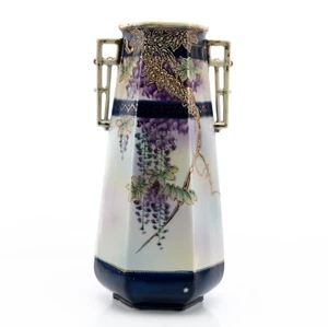 Antike große 12" sechseckige Nippon-Vase mit zwei Griffen Moriage Goldakzente 2,7 Pfund - Bild 1 von 18