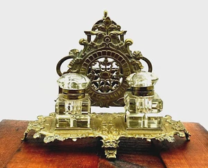 Vintage Ornate Solid Brass Inkwell Victorian Crystal Well Art Nouveau Ink Desk - Picture 1 of 12