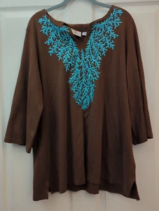Quacker Factory Top groß braun langärmeliges Shirt Blattverzierung blau Blätter - Bild 1 von 23