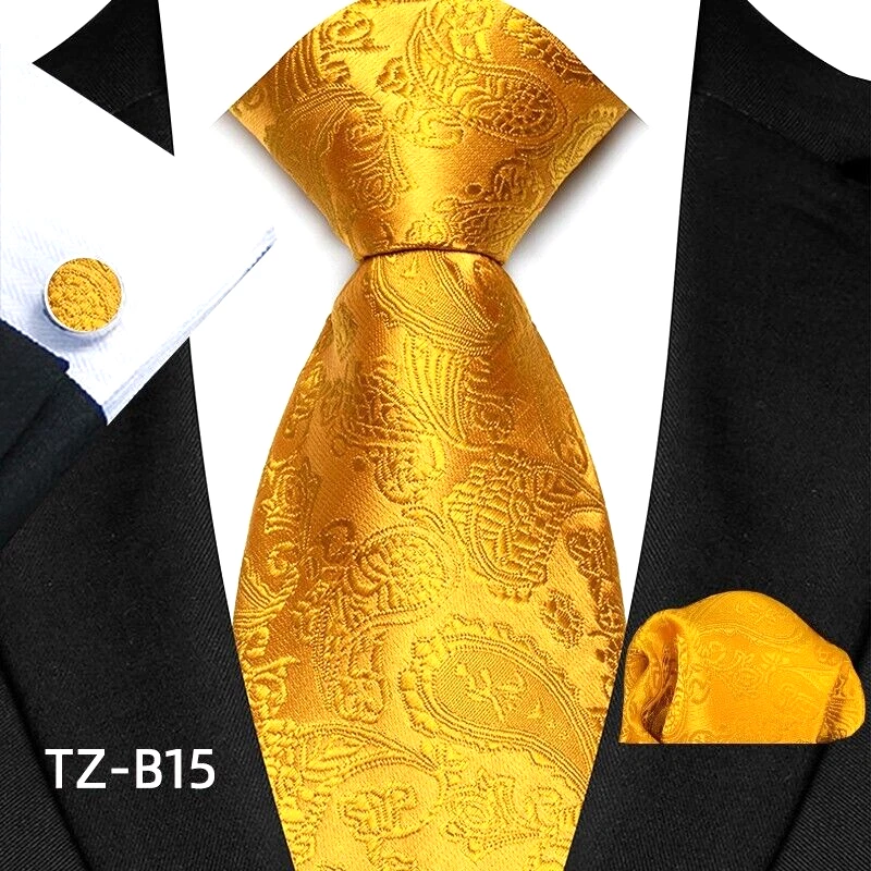 Classic Solid Paisley Gold Jacquard Silk Men's Tie Necktie Hanky Cufflink Set - Image 1 of 1