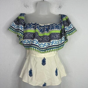 Amanda Uprichard Shirt Womens Small Silk Paisley Ruffle Off-Shoulder Boho Blouse - Picture 1 of 9
