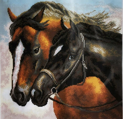 Cross stitch painted AIDA canvas tapestry PA0976 Horses 16"x16"  - Image 1 of 2