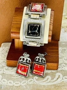 Vintage 50er Schmuckset Glieder aus Splitter gerahmte Blöcke rot & schwarz Konfetti Plexiglas - Bild 1 von 12