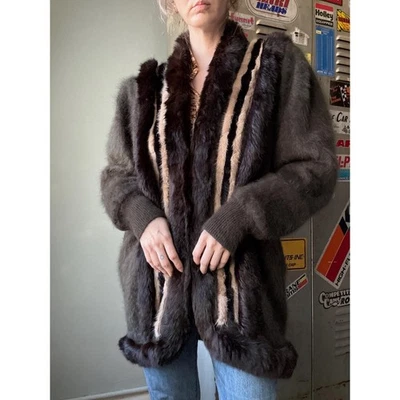 Chaqueta Suéter Vintage Años 80 Piel de Conejo | Lana Belldini | Marrón Crema | Talla L Foto 1 de 4