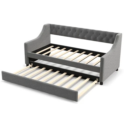 Sofá cama doble con nido tapizado con respaldo y reposabrazos gris Foto 1 de 4