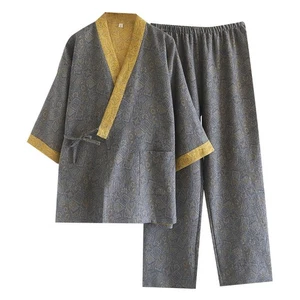 Men’s Cotton Kimono Style Pyjamas Set in Grey and Yellow Paisley Pocket & Detail - Picture 1 of 9