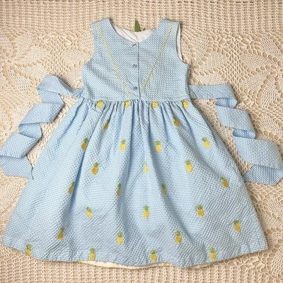 Vintage 1990s Cotton Kids Girls 7 Blue Seersucker Embroidered Pineapple Dress - Image 1 of 4
