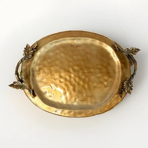 Bloomingdale’s Gold Reverse Painted Glass Serving Tray Ornate Oak Leaf Handles - Picture 1 of 9
