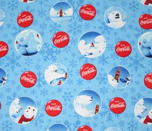Coca Cola Cotton Quilting Fabric Blue Polar Bears Bubble Snowflakes Sykel 3 Yard - Picture 1 of 5
