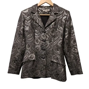 Kay Unger Metallic Silver Black Jacquard Blazer Jacket Wool Blend Power Dressing - Picture 1 of 9