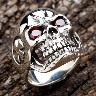 RED EYES HANDSOME SKULL 925 STERLING SILVER RING MENS BIKER GOTHIC ROCK PUNK - Imagem 1 de 4
